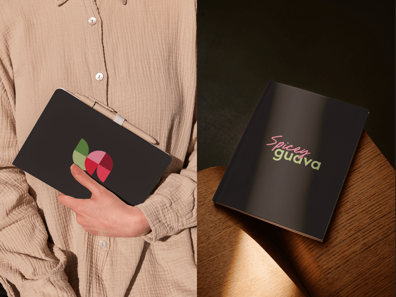 Spicey Guava notebook held in hand and brand notebook on a wooden table